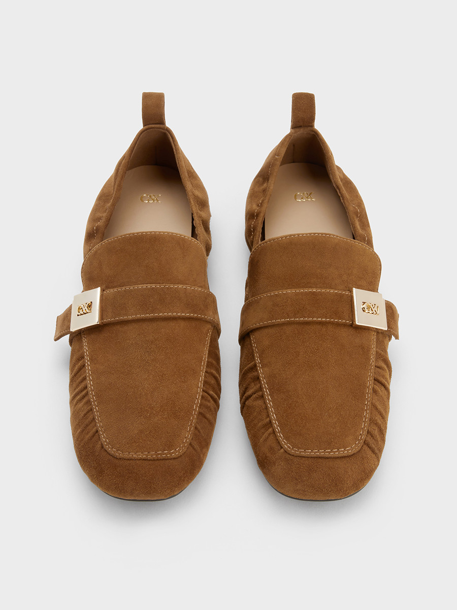 Charles&Keith25 New Autum Collection Sl1-71900021 Goatskin Metal Buckle Flats Pleated Loafers