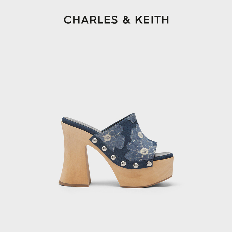 Charles&Keith Spring Women's Shoes Sl1-61900009 Wooden Sole Thick High Heel Open Toe Slippers Women's Shoes for Outdoor Wear