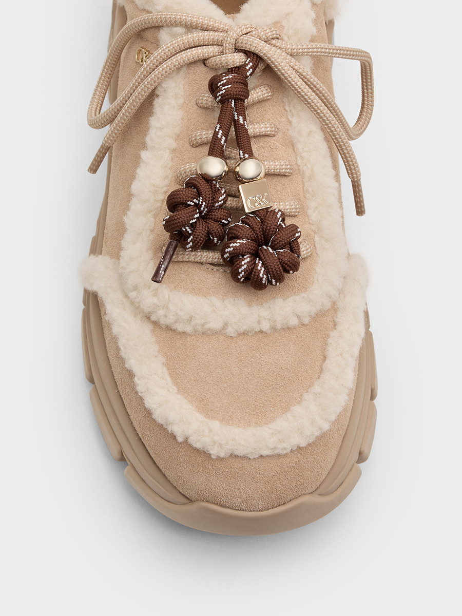 Charles&Keith25 Winter New Model Sl1-71960003-1 Thick-Soled Plush Lace-Up Sneakers Dad Shoes