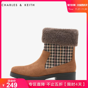 CHARLES&KEITH女靴CK1-91680026毛绒格纹拼接饰女士中跟雪地踝靴