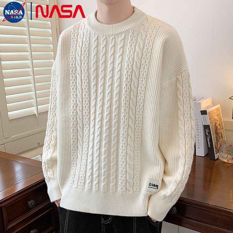 Nasa American Retro Heavyweight Cleanfit Sweater for Men and Women, Cable Knit Crew Neck, Drop Shoulder, Lazy Style Knitwear Top