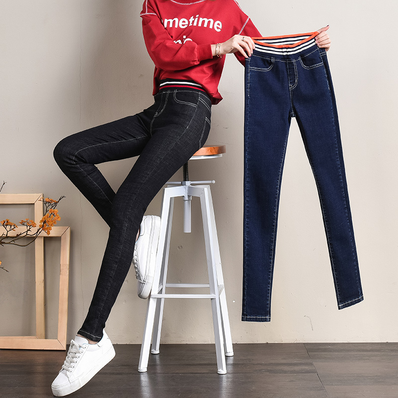 柏草姿美加绒牛仔裤女高腰冬季新加厚松紧腰牛