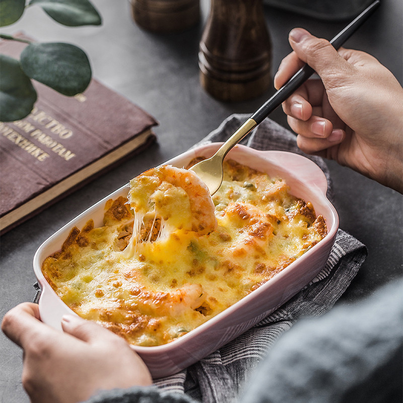 Cheese baked FanPan disc marble rectangle plate creative baking oven special ceramic bowl ears roasted bowl