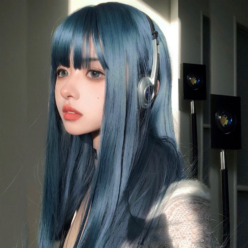 Strawberry Paris Dyed Wig Full Head Set for Women, Long Straight Hair, Blue-Brown Highlights, Gradient Lolita Style, Trendy Cool Y2K