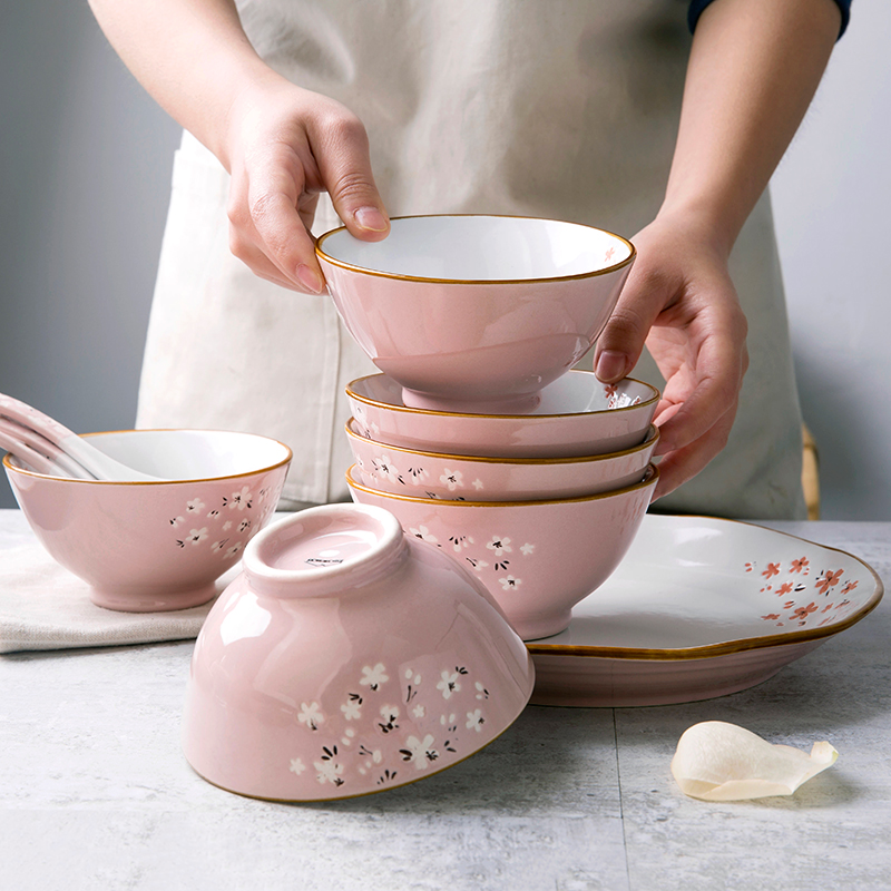 Inscription creative Japanese under pink cherry blossoms hand - made glaze ceramic tableware household festival gift set