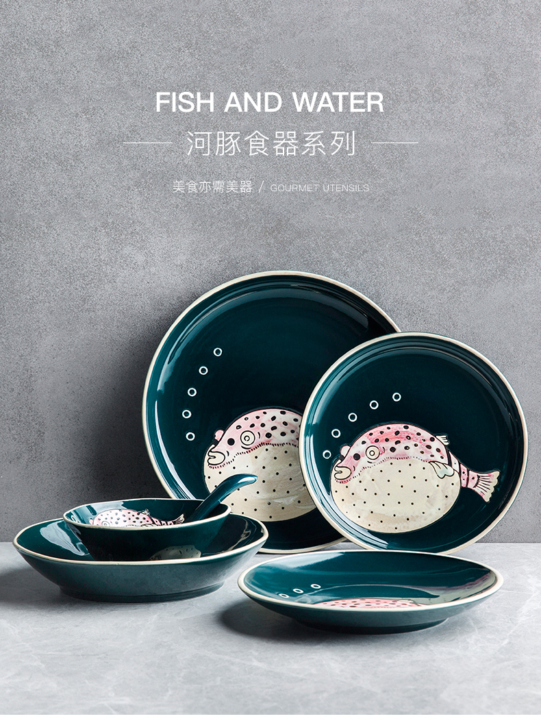 Nordic ceramic tableware, animated cartoon children tableware household FanPan drop soup plate salad bowls of rice bowls