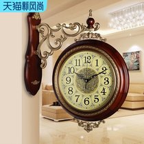 European pure copper solid wood double-sided wall clock living room large clock Luxury American clock creative wall-mounted silent hanging watch