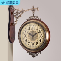 American solid wood double-sided wall clock European silent living room clock Quartz clock on both sides of the retro hanging watch creative clock