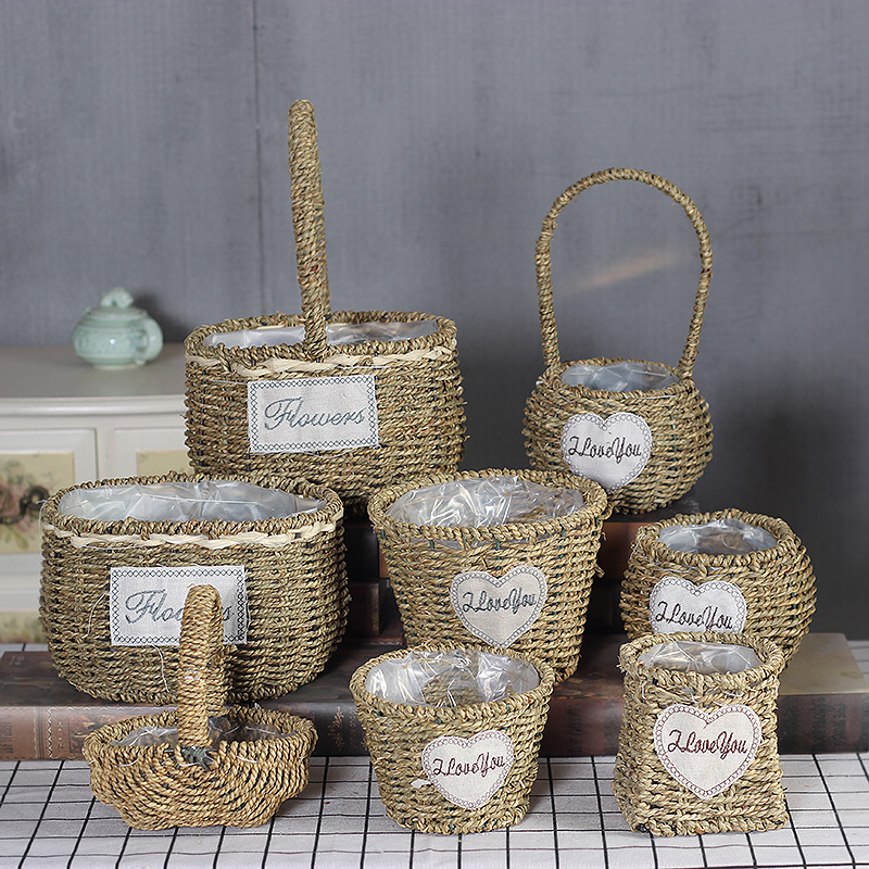 Flower basket Garden Grass Weaving Rope Chicography Small Flower Basket Large Flower Pot Pure Hand Woven Hand Field Garden Basket Flower Basket Flower Basket