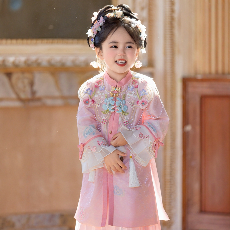 26 Hanfu-Style Girls' Chinese-Style Floral Cloud Shoulder Embroidery New Chinese-Style Ming-Style Trumpet Sleeve Sweet Princess Dress Three-Piece Set 26 Hanfu-Style Girls' Chinese-Style Floral Cloud Shoulder Embroidery New Chinese-Style Ming-Style Trumpet Sleeve Sweet Princess Dress Three-Piece Set