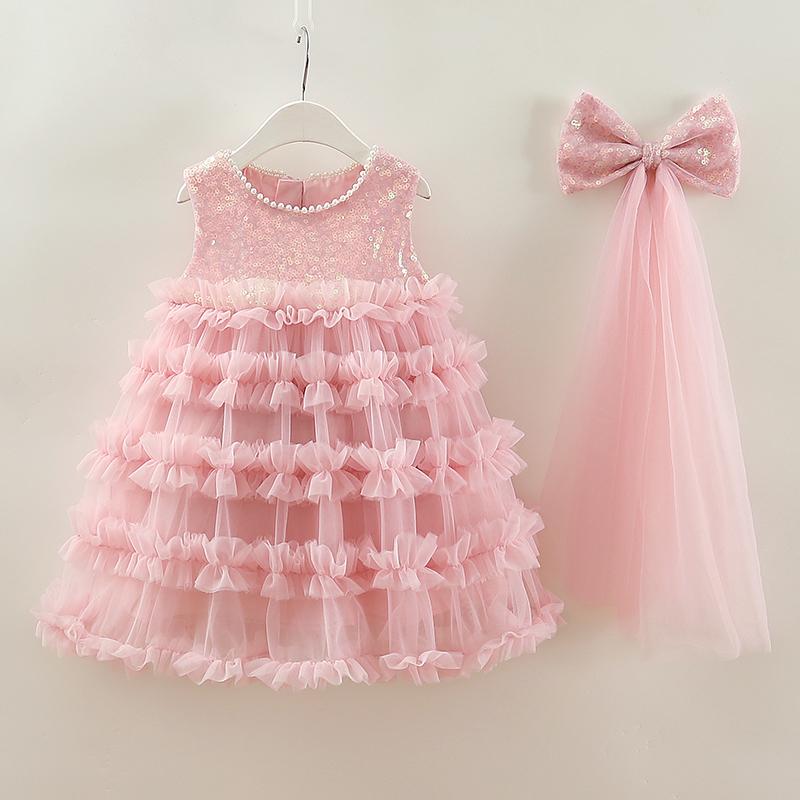 女の子のドレス夏 2025 新しいスタイル スタイリッシュな赤ちゃんの女の子 1 歳のベストドレス レイヤードケーキスカート ヘッドベール付き