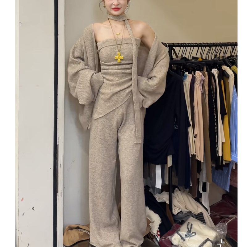 Casual Knit Set for Women: Autumn and Winter Sweater Cardigan, Tube Top, and Straight-Leg Pants Three-Piece Set