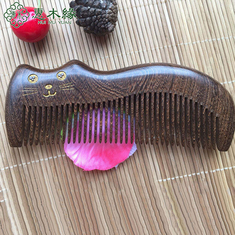 Huimuyuan black gold sandalwood tracing gold comb creative wooden comb cat head monthly comb carving sandalwood comb custom