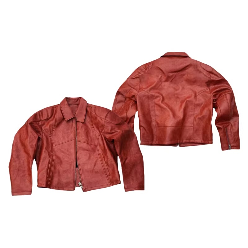 Fleecity 26Ss Deconstructed Silhouette Red Leather Jacket Short Wide-Fit Jacket American Biker Jacket for Men