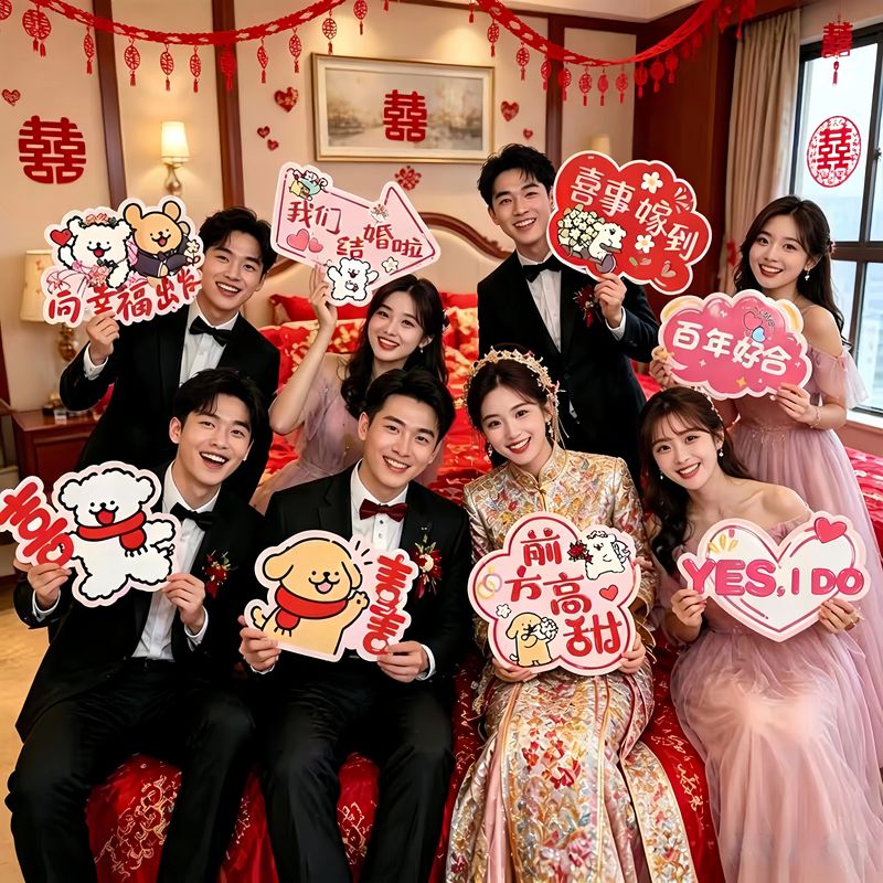 Puppy Wedding Photo Props, Hand-Held Wedding Decorations, Bride and Bridesmaid Double Happiness Character Hand-Held Signs, Decorative Supplies Puppy Wedding Photo Props, Hand-Held Wedding Decorations, Bride and Bridesmaid Double Happiness Character Hand-Held Signs, Decorative Supplies