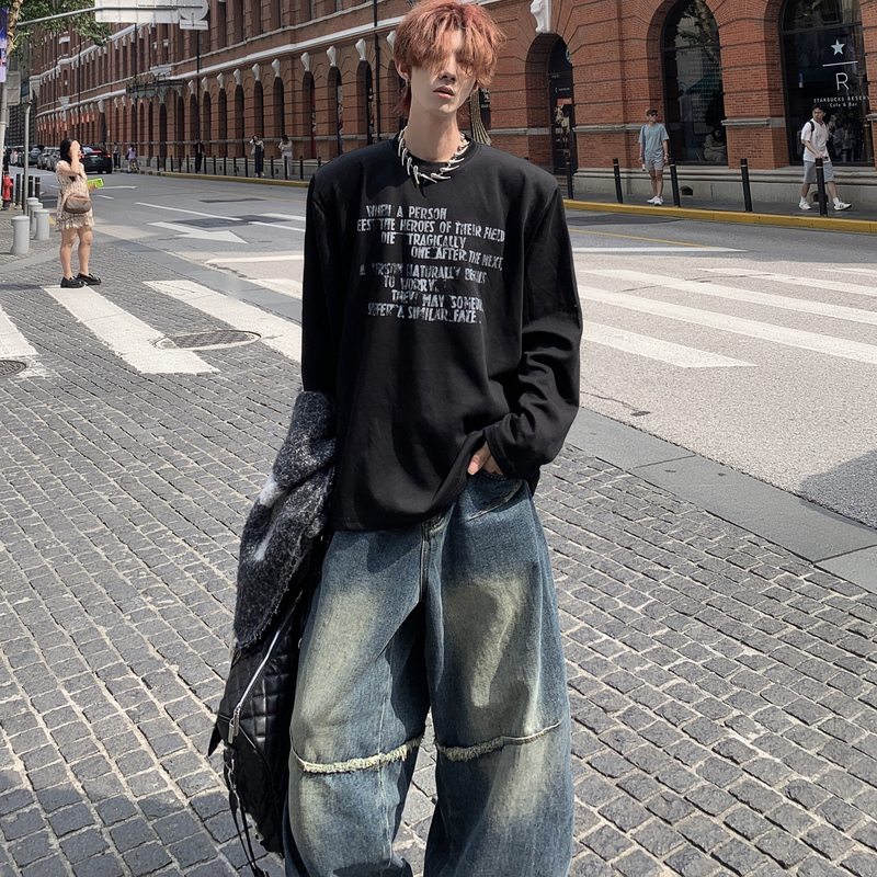 Med's Original Hooded Black Top with Letter Print, Shoulder Pads, Long Sleeves, T-Shirt for Men and Women, Early Autumn Crew Neck Base Shirt