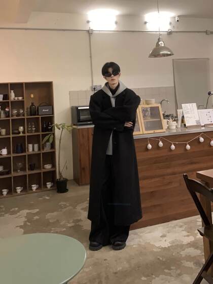 Med老叔 秋冬季垫肩大衣男中长款过膝韩系风衣宽松百搭高级感外套