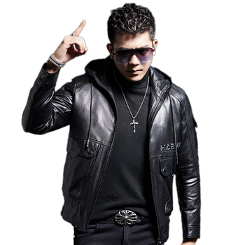 Men's leather removable down lining hooded jacket