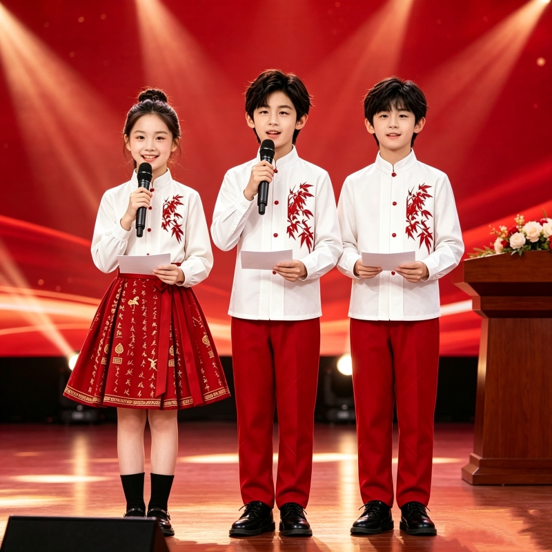 Children's Red Story Performance Costume, Red Bamboo Horse Face Skirt, Male and Female Patriotic Cheerleading Chinese Style Chorus Performance Costume