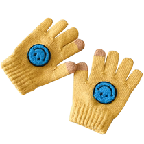 Knitted gloves five-fingered winter cute smiling face warm insulation for girls and babies plus velvet thickened windproof all-inclusive