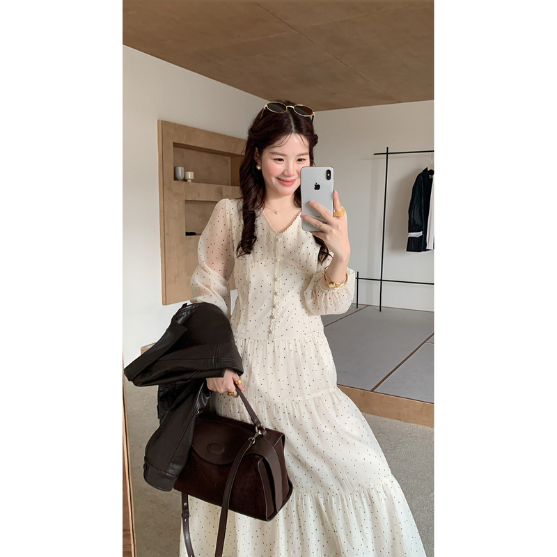 Fire Fire Fire【Fall into Gentleness】Korean-Style Lace Polka Dot V-Neck Long-Sleeve Dress, Feminine Base Layer Autumn Long Dress