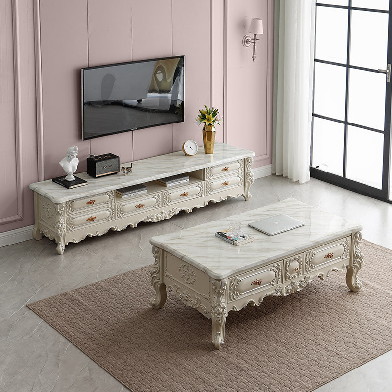 Sleeping European-style coffee table TV cabinet combination living room marble solid wood modern small apartment luxury retractable floor cabinet