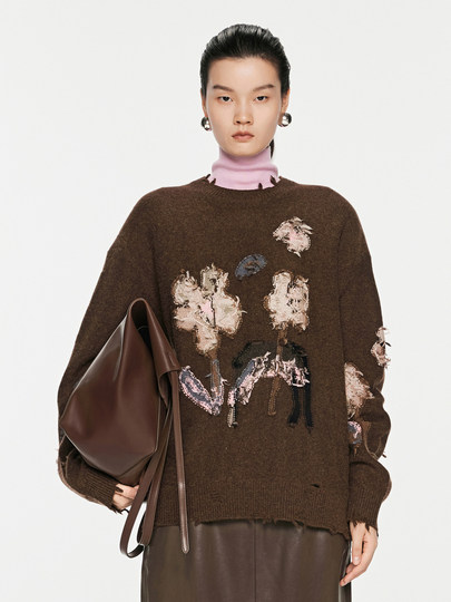 Jiangnan Buyi Spring and Autumn Knitted Sweater Crochet Flower Sweater Loose Pullover 5O9315400