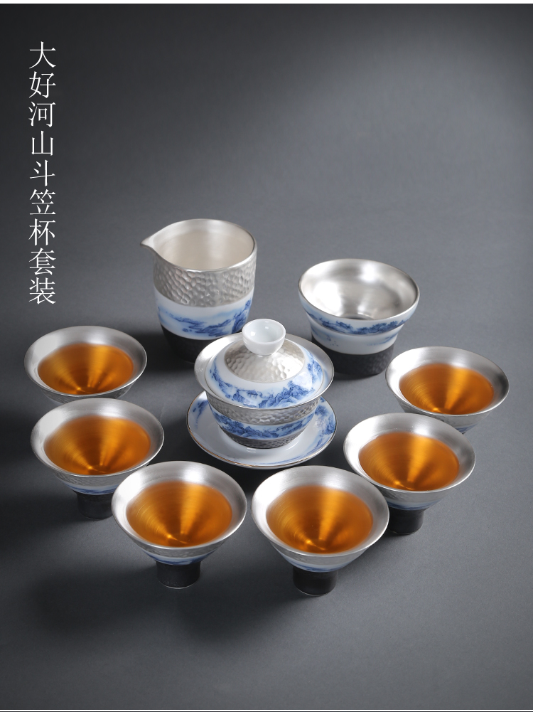 Coppering. As silver suit ceramic tea set office 999 sterling silver, kung fu tea cups of a complete set of Japanese tea tureen
