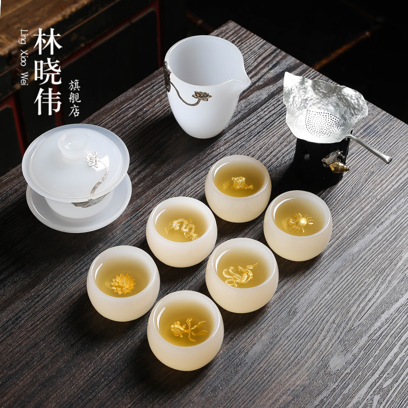 Coloured glaze kung fu tea set suit white jade porcelain inlay silver tea set household glass teapot teacup silver tea gift box