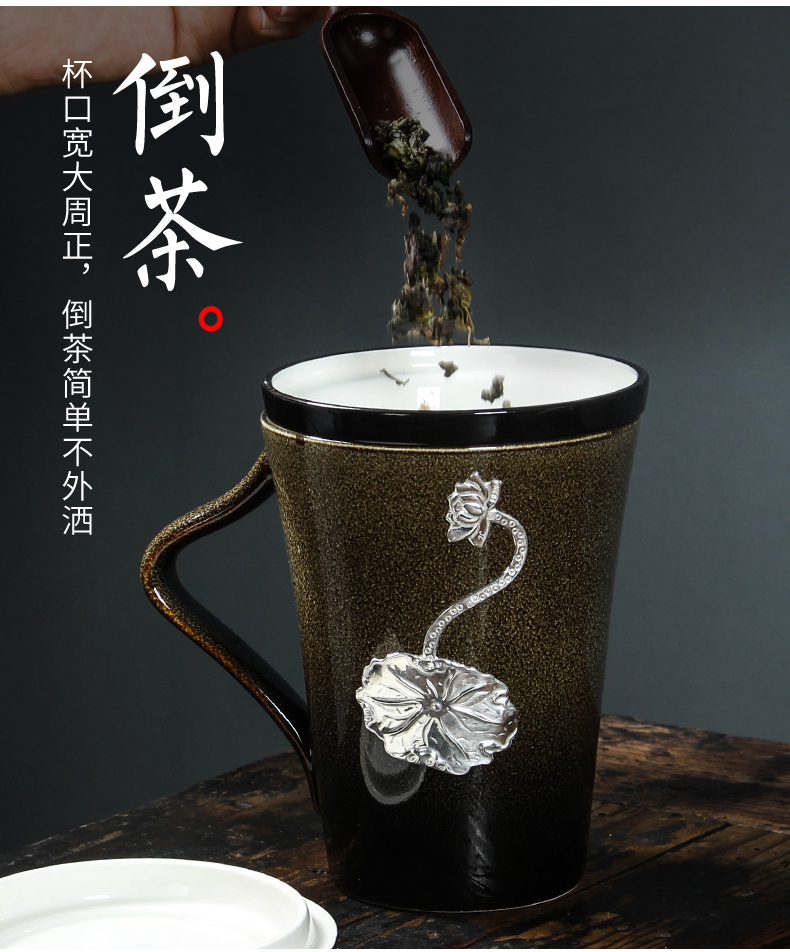 Ceramic kung fu tea cups bladder with cover glass office master cup inlaid sterling silver cup home