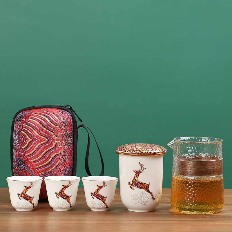 Tasted silver gilding travel tea set suit portable glass teapot a pot of three cups of ceramic crack cup silver kung fu tea cups