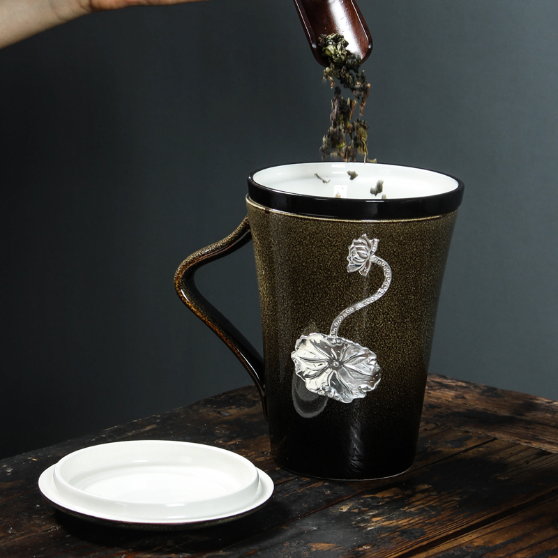 Ceramic kung fu tea cups bladder with cover glass office master cup inlaid sterling silver cup home