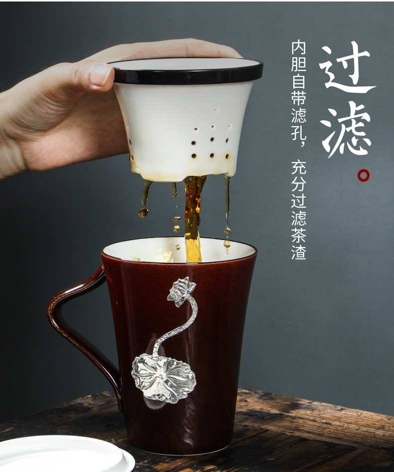 Ceramic kung fu tea cups bladder with cover glass office master cup inlaid sterling silver cup home