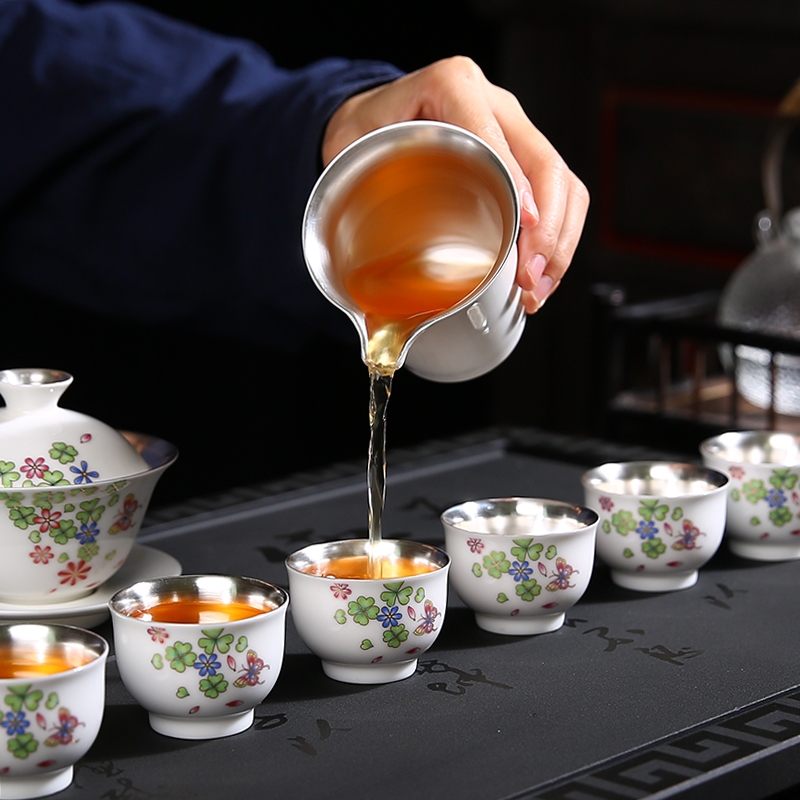 Dehua white porcelain coppering. As silver tea set suet jade porcelain kung fu tea tea, teapot teacup whole household