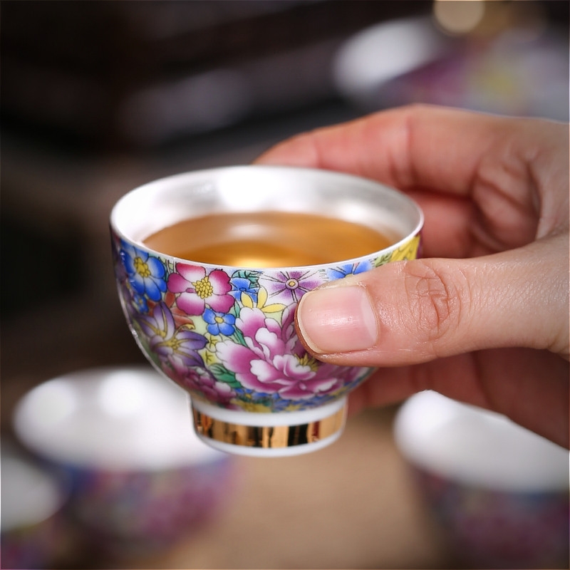 Household jingdezhen silver tea set colored enamel kung fu tea tasted silver gilding gift of a complete set of ceramic teapot teacup