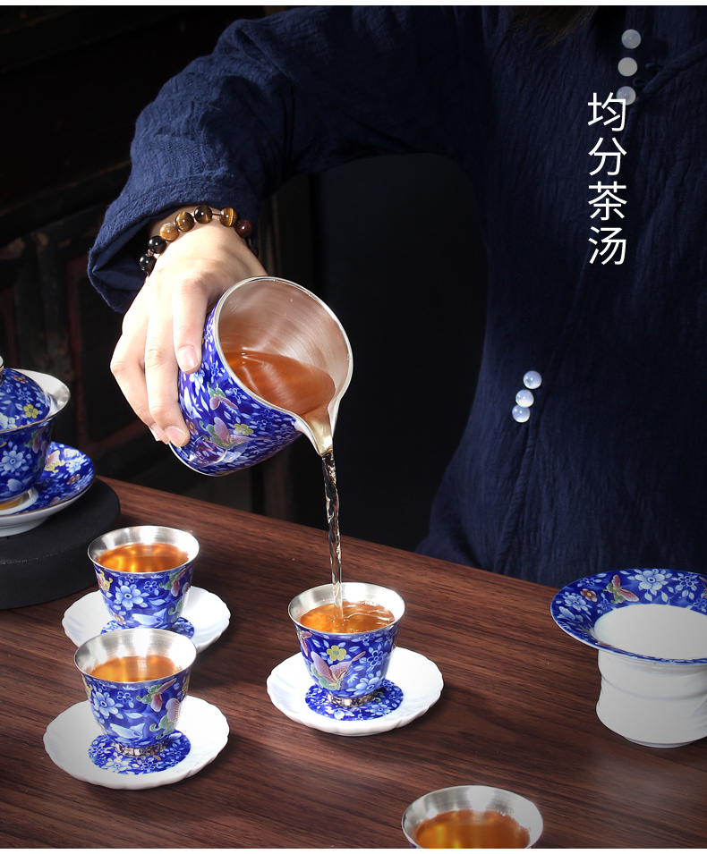 Jingdezhen tasted silver gilding hand - made tureen kung fu of blue and white porcelain tea sets big household ceramic teapot teacup gift boxes