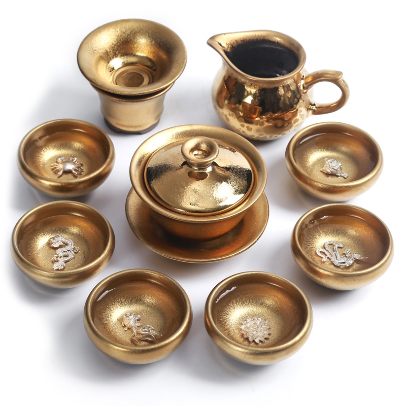 Building light tasted question light silver gilding kung fu tea set office suit gold oil droplets of a complete set of partridge spot iron ceramic cups