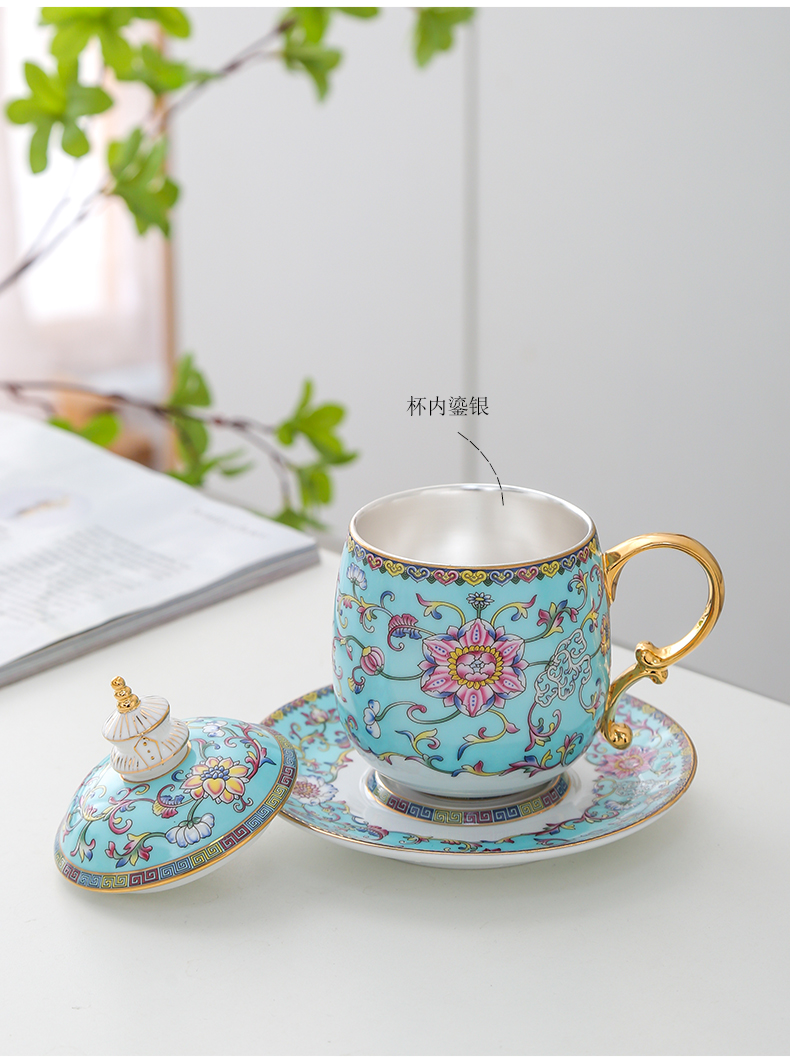 Jingdezhen porcelain enamel glass with cover office personal mark cup 999 sterling silver cup tea cups