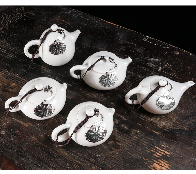 Dehua white porcelain inlay silver jade white ceramic teapot Japanese teapot filtering kung fu tea set little teapot household single pot