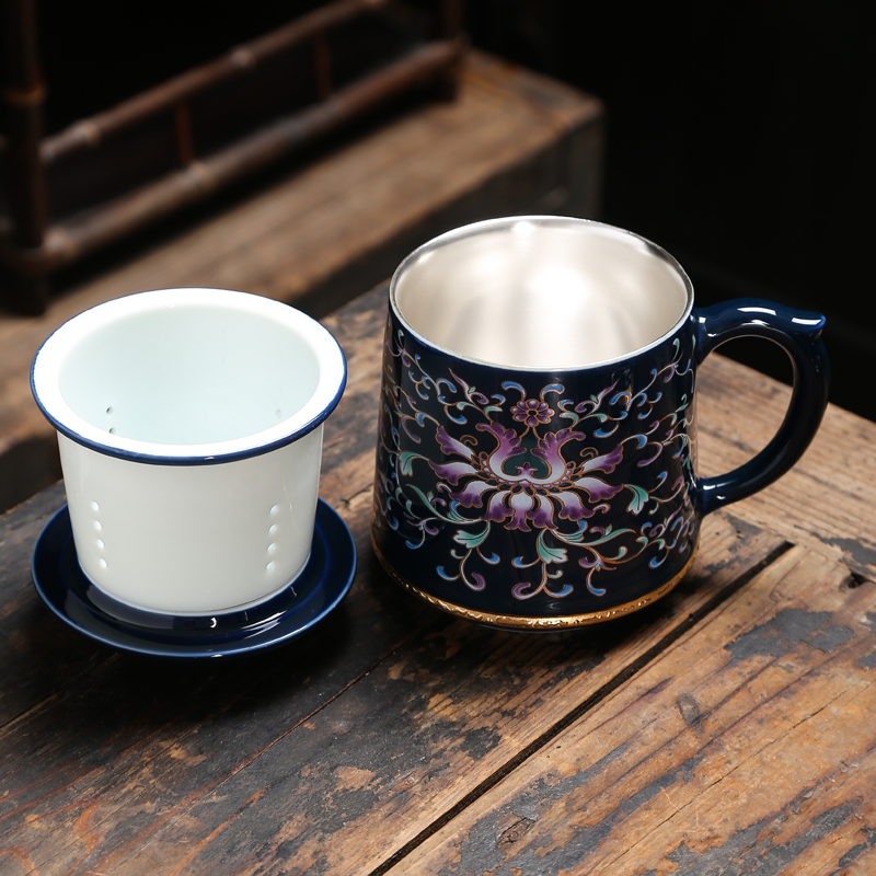 Jingdezhen ceramic cup 999 sterling silver master cup with cover filter glass cup keller cup of office