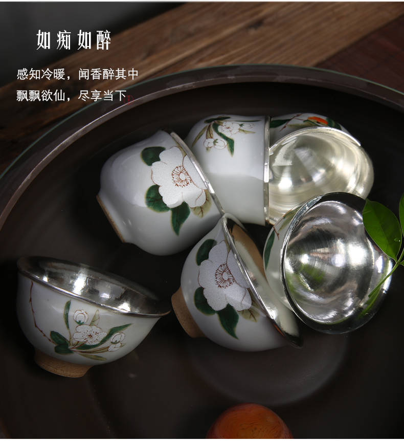 Hand made silver cup pure manual silvering master 999 sterling silver cup with silver sample tea cup jingdezhen ceramic cup