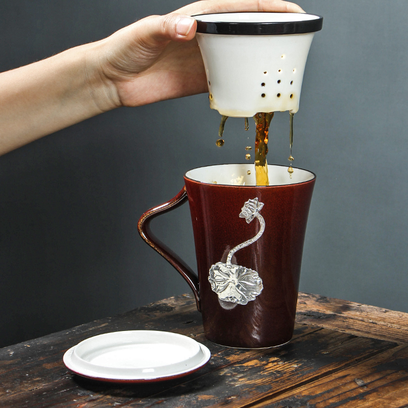 Ceramic kung fu tea cups bladder with cover glass office master cup inlaid sterling silver cup home