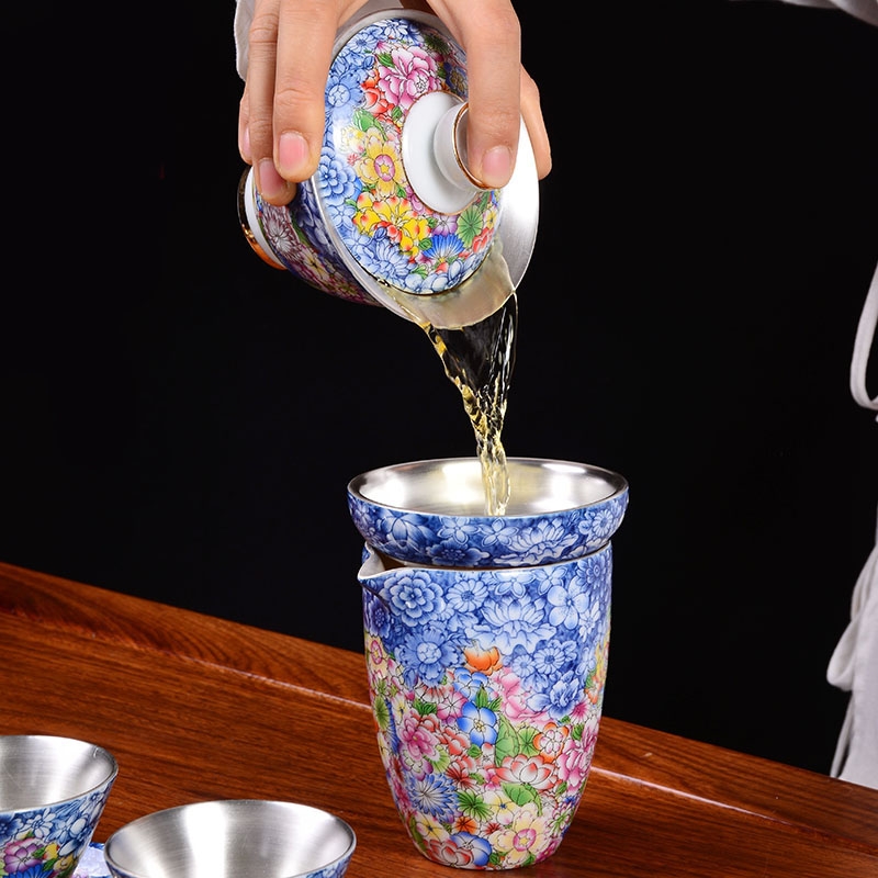 Jingdezhen coppering. As silver tea set colored enamel porcelain of a complete set of kung fu tea set with silver tureen teapot teacup cup mat