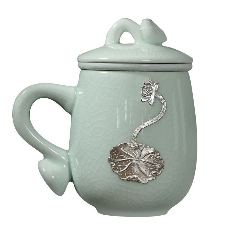 The azure your up ceramic cups with cover filter office cup high - grade gift silver piece of celadon water cup large capacity