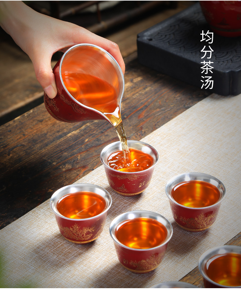 Jingdezhen ji red 999 sterling silver tea set tasted silver gilding kung fu tea teapot teacup of a complete set of household contracted