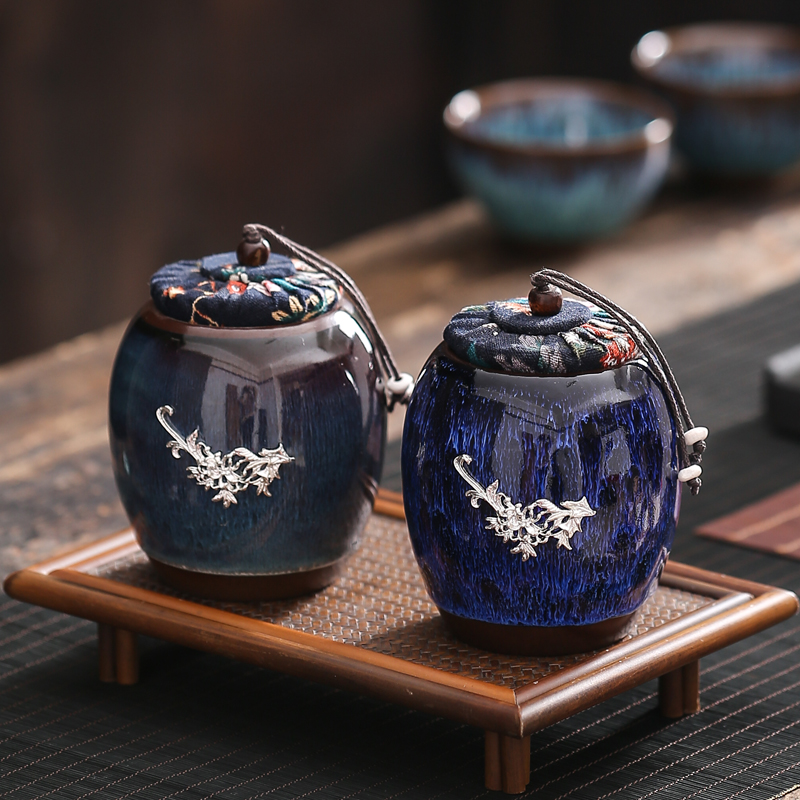 Jingdezhen temmoku built light silver ceramic tea caddy fixings mini storage seal packaging tea accessories