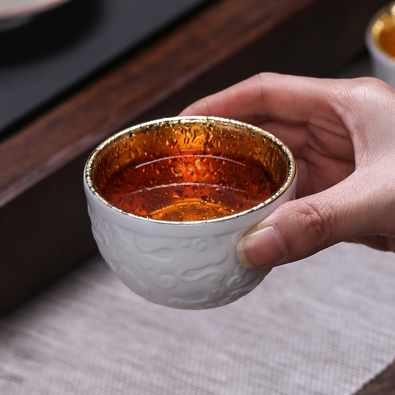 Dehua suet jade white porcelain ceramic sample tea cup 24 k gold cup kung fu tea master cup single cup lamp