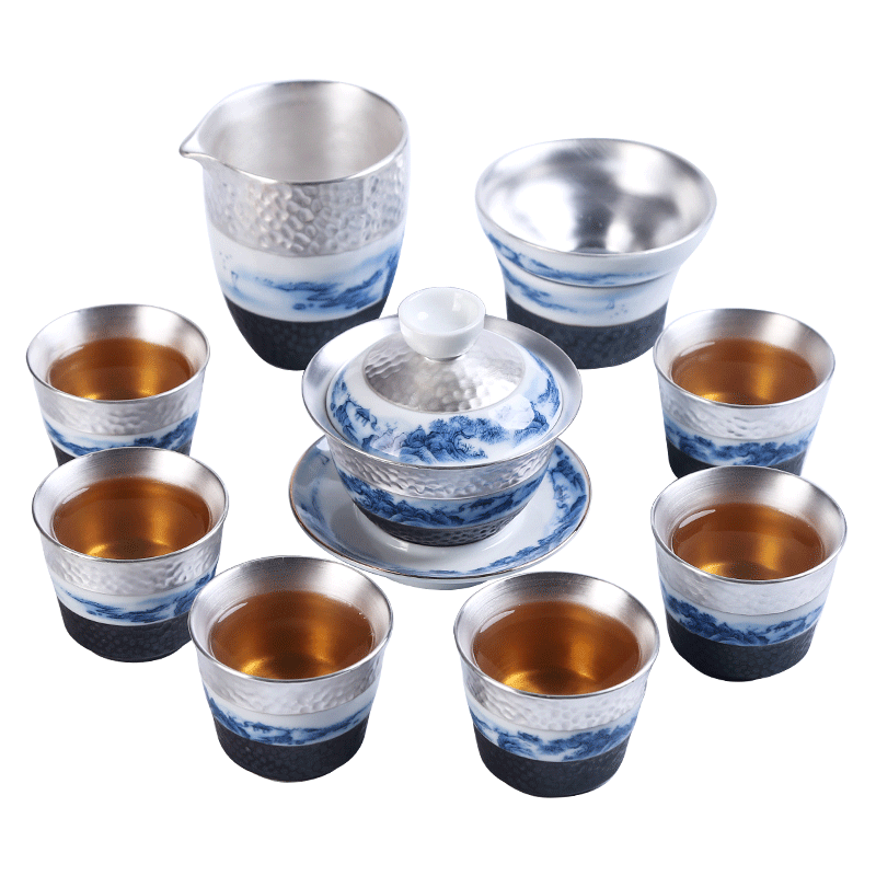 Coppering. As silver suit ceramic tea set office 999 sterling silver, kung fu tea cups of a complete set of Japanese tea tureen