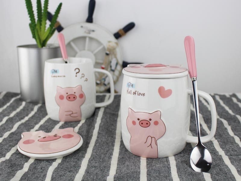 Cup one creative express cartoon pig mugs pink girl heart spoon glass ceramic Cup with cover