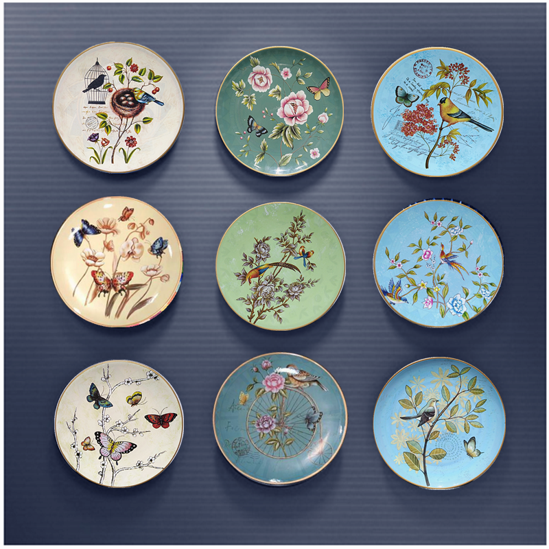 American retro ceramic plate European painting of flowers and creative metope adornment hang dish TV setting wall act the role of sofa